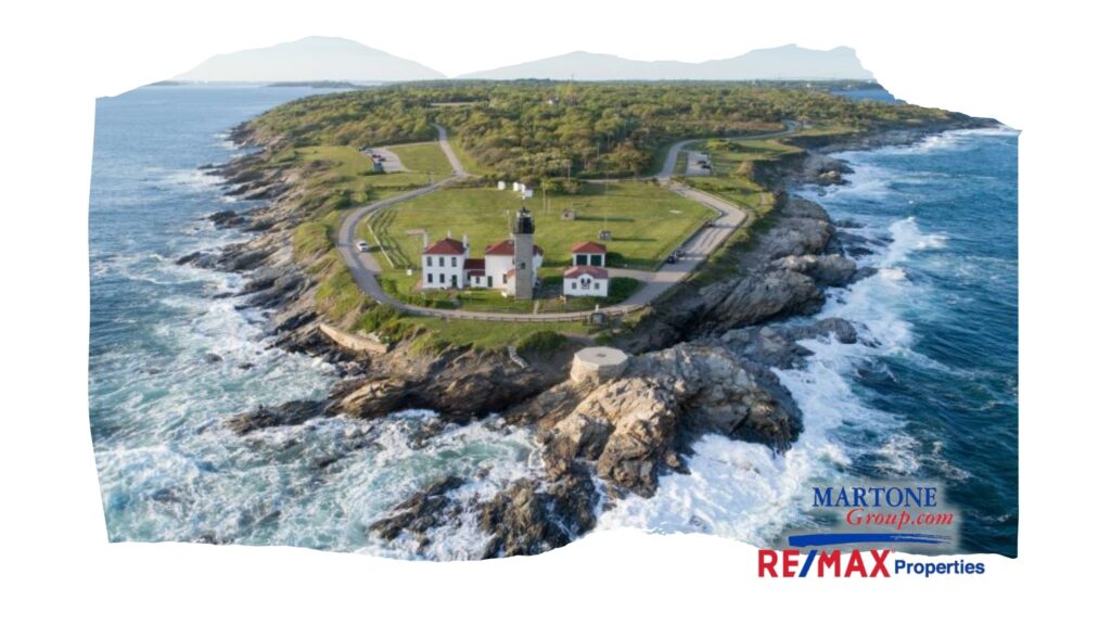 Beavertail State Park lighthouse and rocky coastline in Jamestown Rhode Island